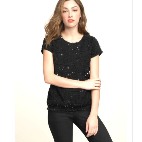 Gap Black Fuzzy Cap Sleeve Sequin Sweater Size Medium - Picture 1 of 11
